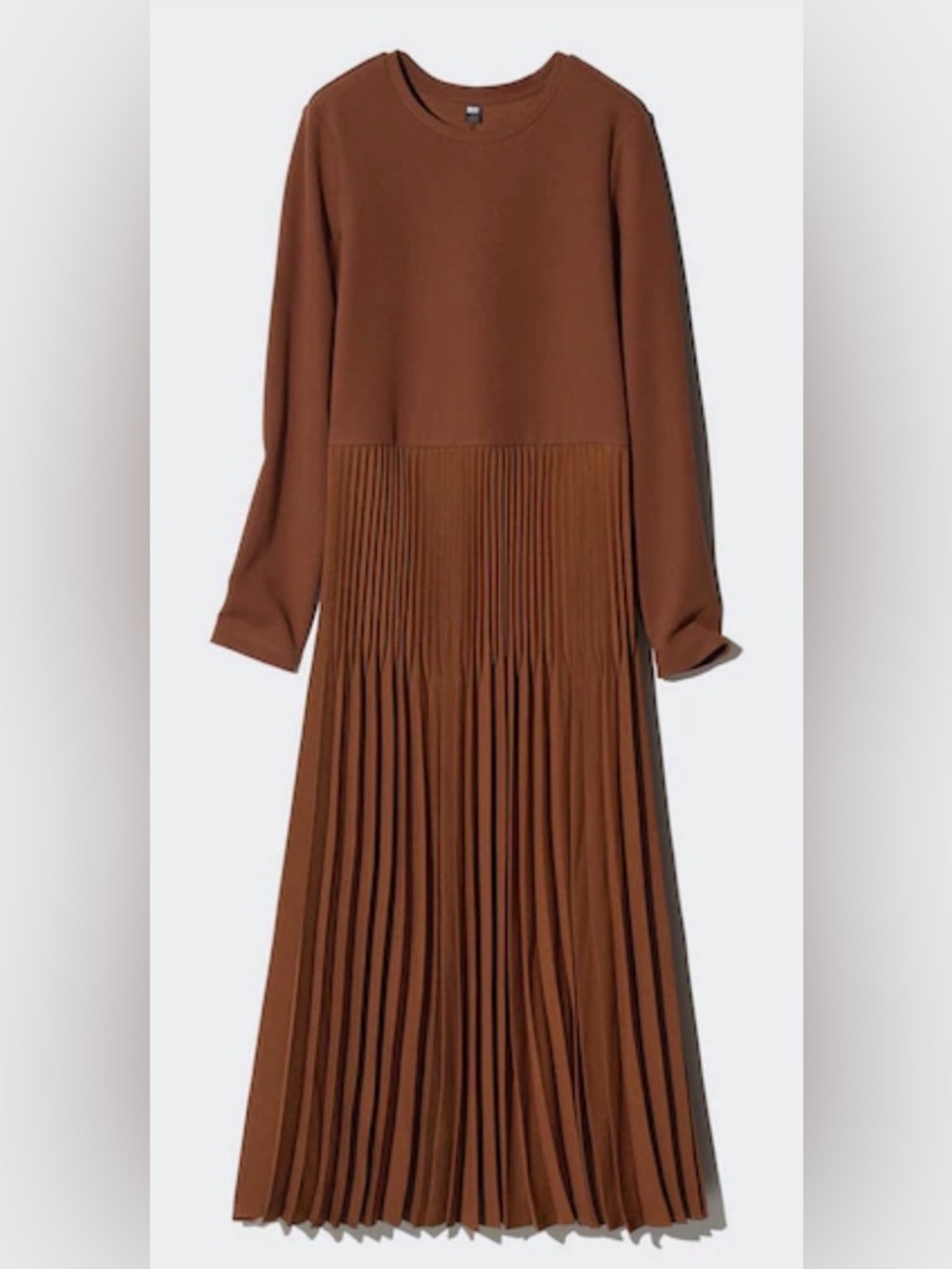 EUC [Uniqlo] Pleated Long Sleeve Combination Tiered Flared Dress Brown Women’s M - Picture 3 of 14